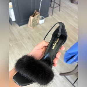 SAINT LAURENT PARIS BLACK LEATHER MINK FUR HEELS MADE IN ITALY 38